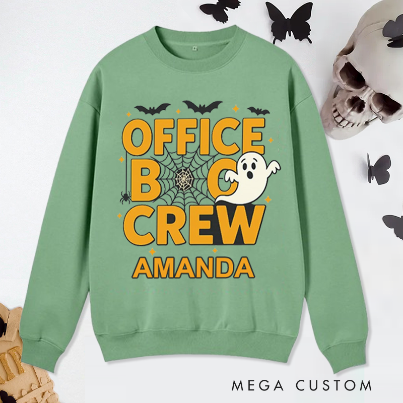 Personalized Office Worker Sweatshirt Office Boo Crew with Bats Spiderweb Spider and Small Stars Halloween Elements Appreciation Gift for Coworkers
