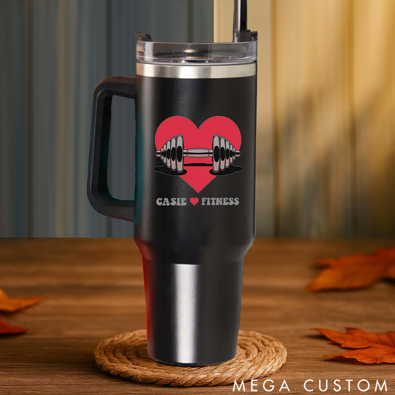 Personalized Handle Tumbler with Heart and Barbell Love Fitness Design for Gym Lover Fitness Durable Hot or Cold Drinks