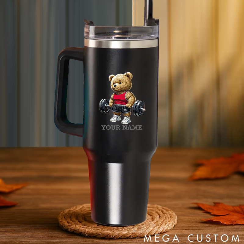 Personalized Handle Tumbler with Cute Weightlifting Teddy Bear Design for Gym Lover Fitness Durable Hot or Cold Drinks