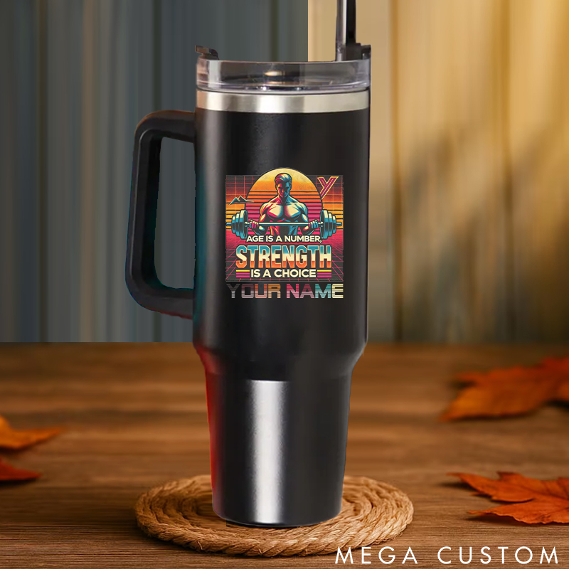Personalized Handle Tumbler with Vibrant Strength Themed Graphic for Gym Lover Fitness Durable Hot or Cold Drinks