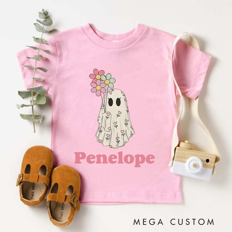 Personalized Girls Ghost Name Toddler T-Shirt Cute Fall Girls T-Shirt with Ghost Hallown Gift