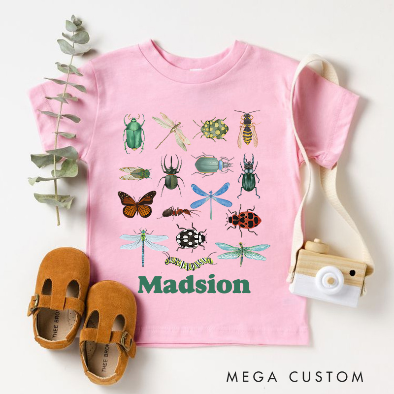 Personalized Retro Bugs Toddler T-Shirt Cute Entomology Children's Clothing Boho Natural Kids and Youth T-Shirt