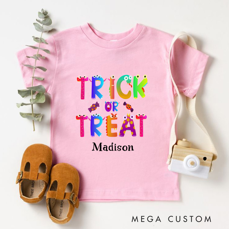 Personalized Trick or Treat Halloween Shirt for Kids Perfect for Fun and Colorful Outfits During the Spooky Season Kids T-Shirt