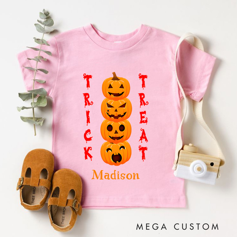 Personalized Trick or Treat Pumpkin Tower Halloween Shirt for Kids Perfect for Fun and Colorful Seasonal Celebrations Kids T-Shirt