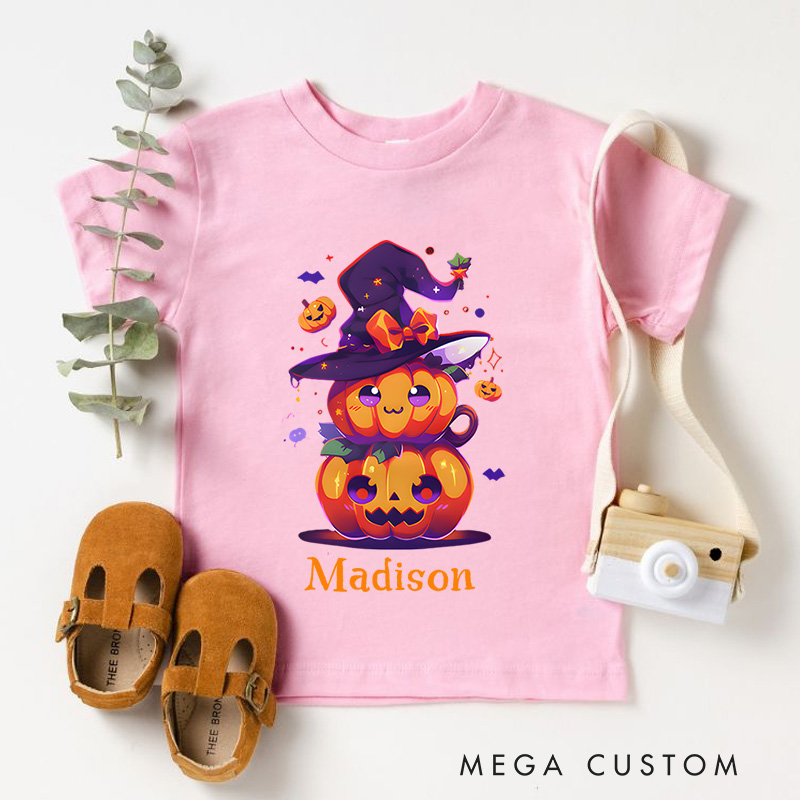Personalized Witch Hat and Pumpkin Stack Halloween Shirt for Kids Perfect for Magical and Festive Halloween Celebrations Kids T-Shirt