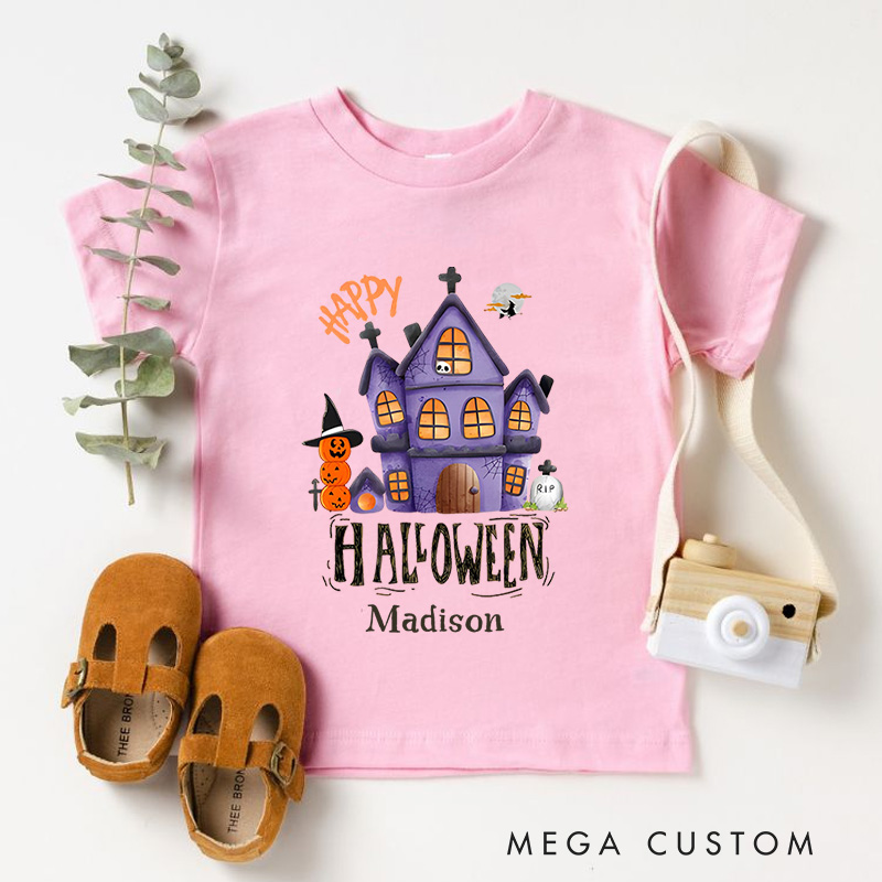 Personalized Happy Halloween Haunted House Shirt for Kids Perfect for Fun and Spooky Festive Celebrations Kids T-Shirt