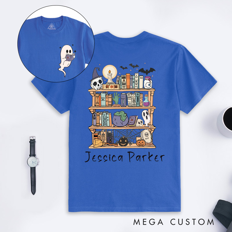 Personalized Ghost Book Reader Classic T-Shirts Halloween Library Shirt Halloween Reading Tee Book Lover Gift Skeleton Book Club Reading Shirts