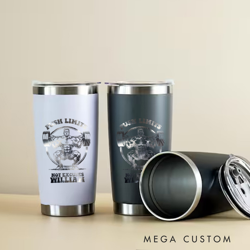 Personalized Fitness Tumbler Coffee Stainless Steel Tumbler with Push Limits No Excuses Weightlifting Design for Fitness Enthusiasts Bodybuilders and Gym Lovers