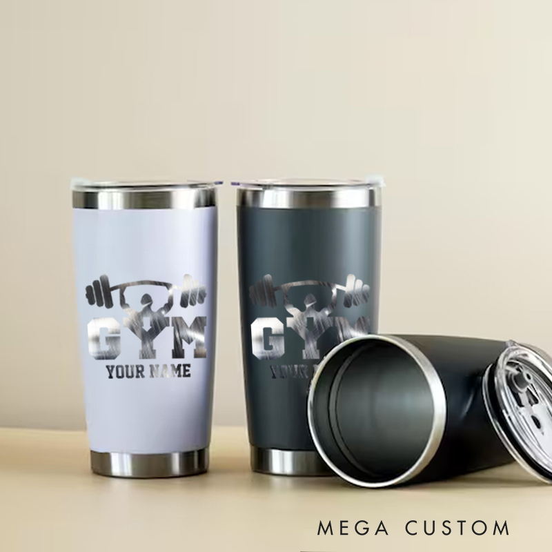 Personalized Fitness Tumbler Coffee Stainless Steel Tumbler with GYM Logo with Barbell Artwork for Fitness Enthusiasts Bodybuilders and Gym Lovers