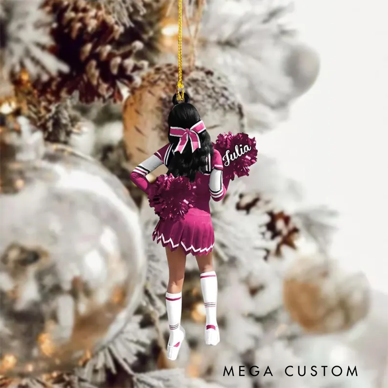 Personalized Cheerleader Christmas Ornament with Custom Name, Outfit Color, and Festive Pom Pom Design