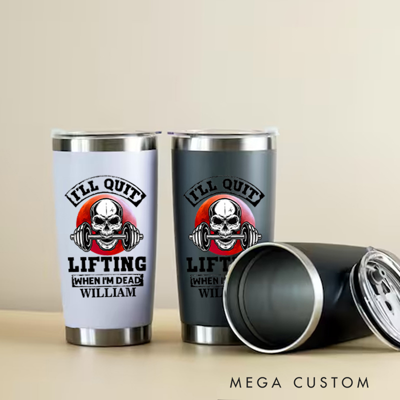 Personalized Fitness Tumbler Coffee Stainless Steel Tumbler with Ill Quit Lifting When Im Dead Skull and Barbell Design for Fitness Enthusiasts Bodybuilders and Gym Lovers