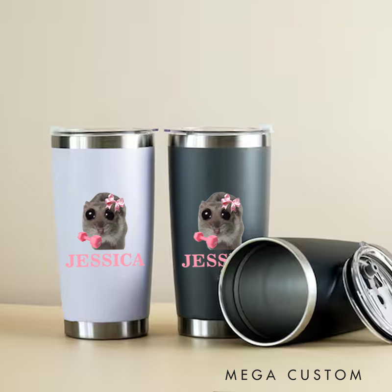 Personalized Fitness Tumbler Coffee Stainless Steel Tumbler with Cute Animal Design Pink Bows for Fitness Enthusiasts Bodybuilders and Gym Lovers