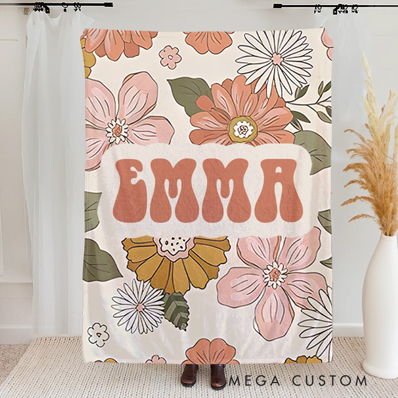 Personalized Kids Flower Retro Blanket with Name Gift Daughter Teen Girl