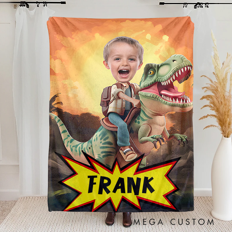Personalized Kid Photo Blanket with Funny Face Little Boy Riding Dinosaur Gift for Boys