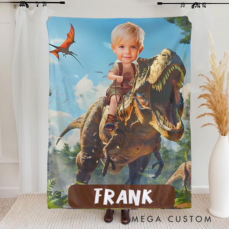 Personalized Boy Riding Dinosaur Fleece Blanket Gift for Kids