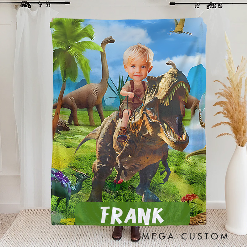 Personalized Boy Riding Dinosaur Blanket with Photo Gift for Boys
