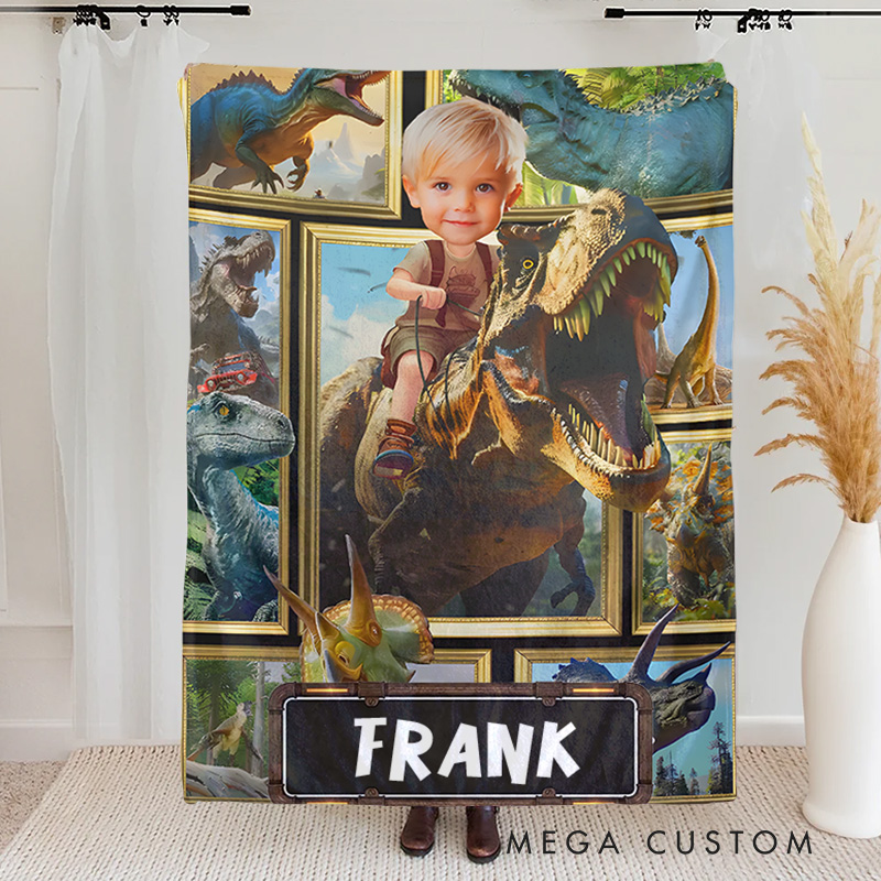 Personalized Boy Riding Dinosaur Fleece Blanket Gift for Kids