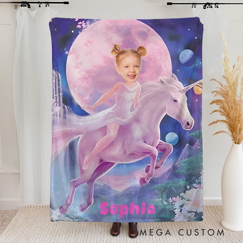 Personalized Pink Dress Princess Ride Unicorn Blanket Gift for Kids