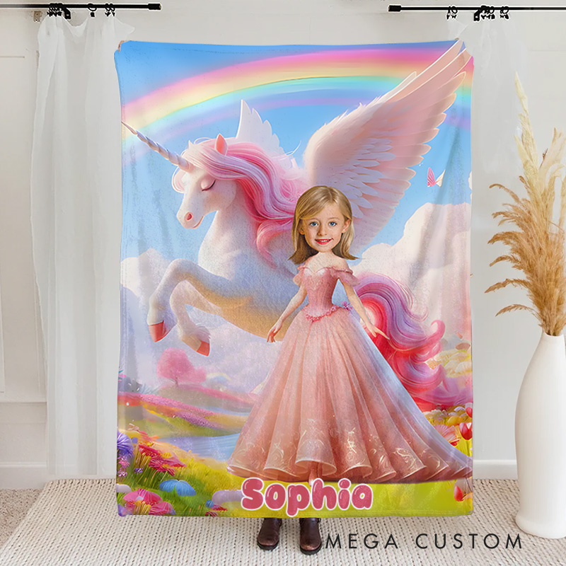 Personalized Princess and Unicorn Blanket with Funny Photo Gift for Kids Birthday Children's Day Gift
