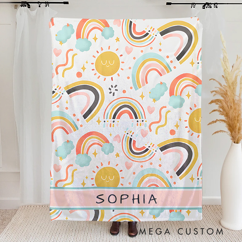 Personalized Kids Whimsical Colorful Rainbow Heart Name Blanket Birthday Children's Day Gift