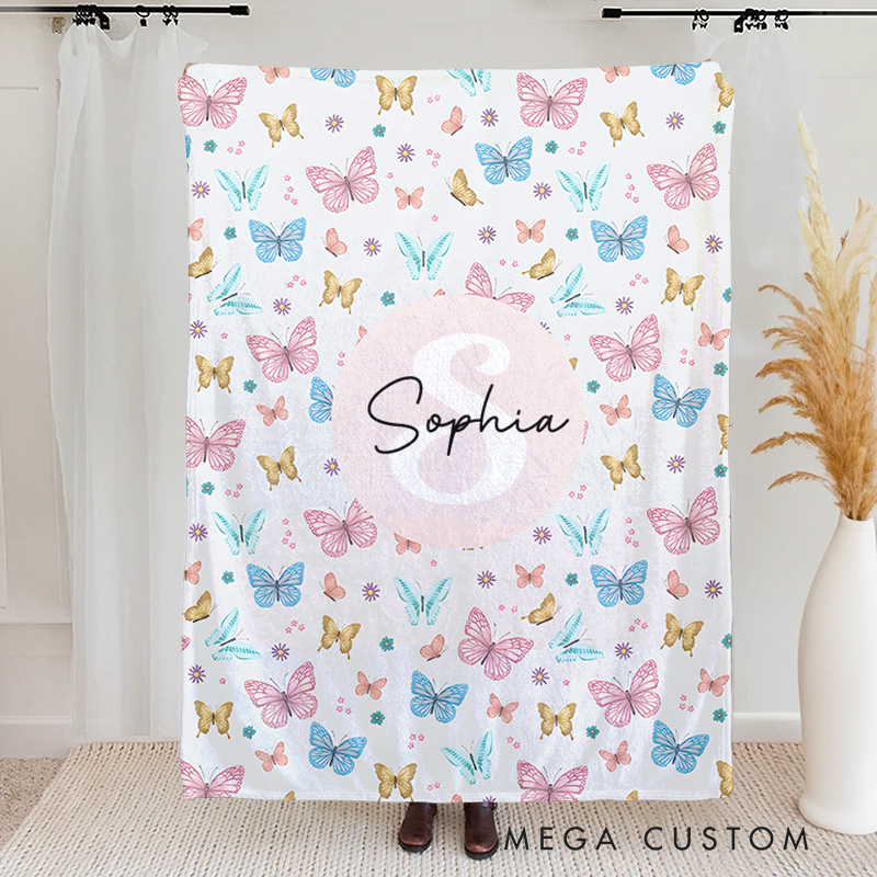 Personalized Girls Cute Pink Butterfly Kids Monogram Blanket Birthday Children's Day Gift