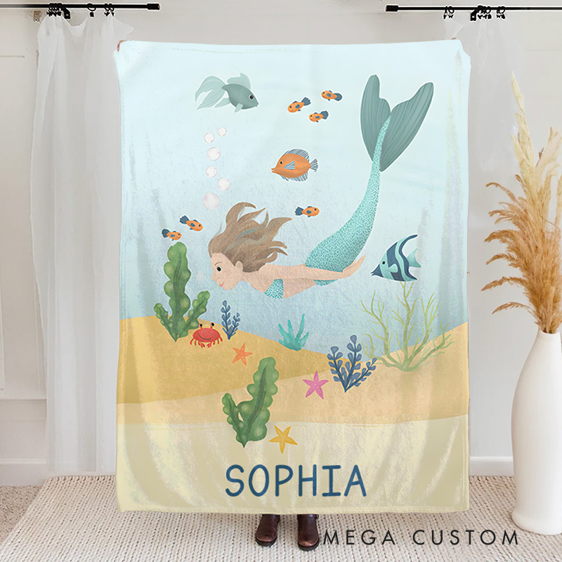 Personalized Girls Cute and Whimsical Magical Mermaid Sea Kids Blanket Birthday Children's Day Gift