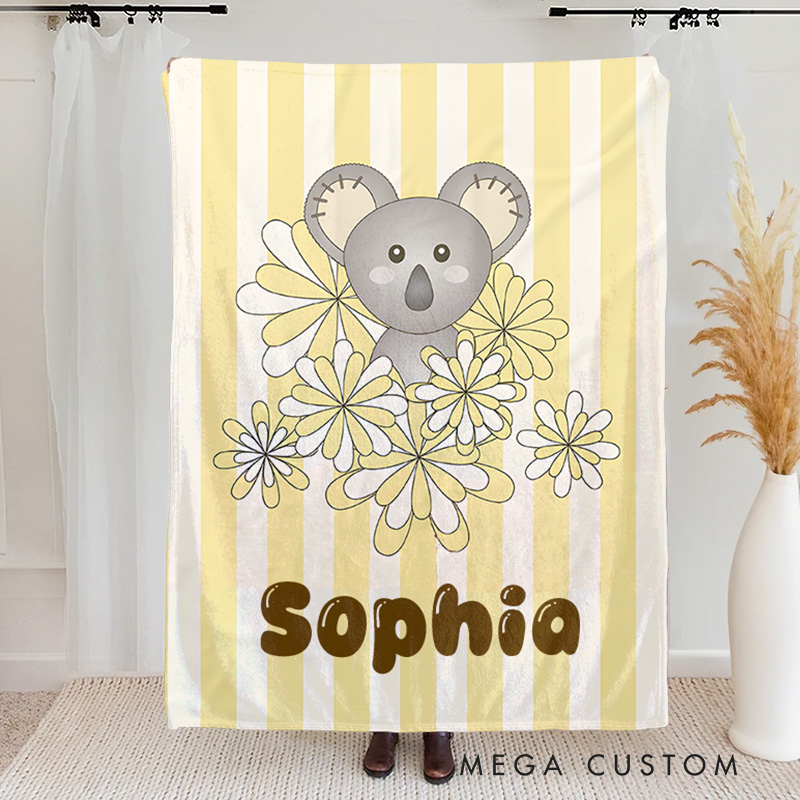Personalized Yellow Stripe Cute Baby Koala Bear Kids Blanket Birthday Children's Day Gift
