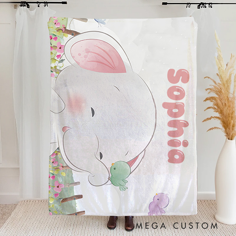 Personalized Kids Blanket Elephant with Birds Blush Floral Birthday Children's Day Gift