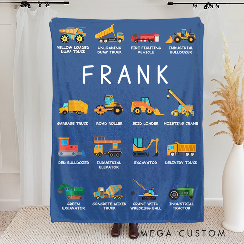 Personalized Work Vehicles Construction Trucks Kids Blanket with Name for Boys Girls Truck Lover Couch Sofa Bed Decor Birthday Children's Day Gift