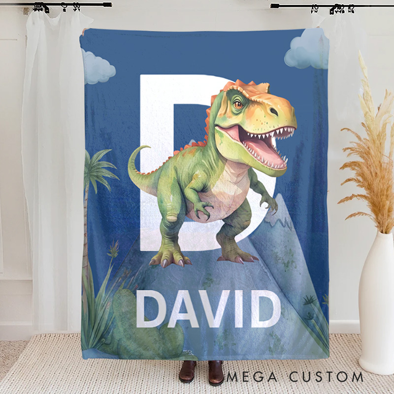 Personalized Cute Dinosaur Soft Throw Blanket with Initial Name Birthday Home Decor Gift for Kids