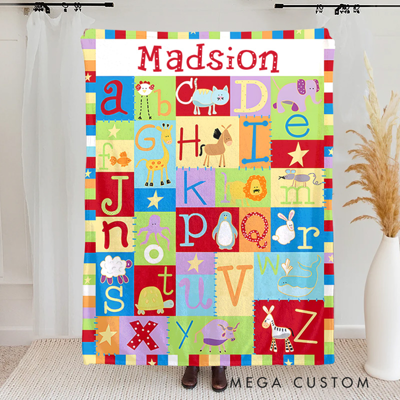 Personalized Cartoon Animal Alphabet Color Block Stitching Soft Throw Blanket with Name Home Decor Birthday Gift for Kids