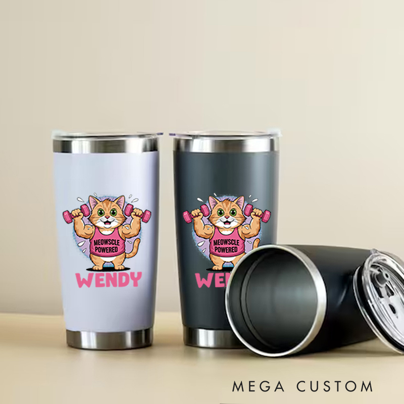Personalized Fitness Tumbler Coffee Stainless Steel Tumbler with Strong Cat with Dumbbells for Fitness Enthusiasts Bodybuilders and Gym Lovers