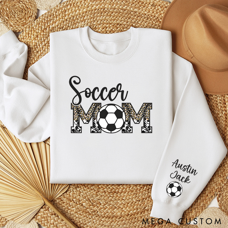 Personalized Soccer Mom Sweatshirt with Custom Names, Soccer Ball Detail, and Stylish Leopard Print Design