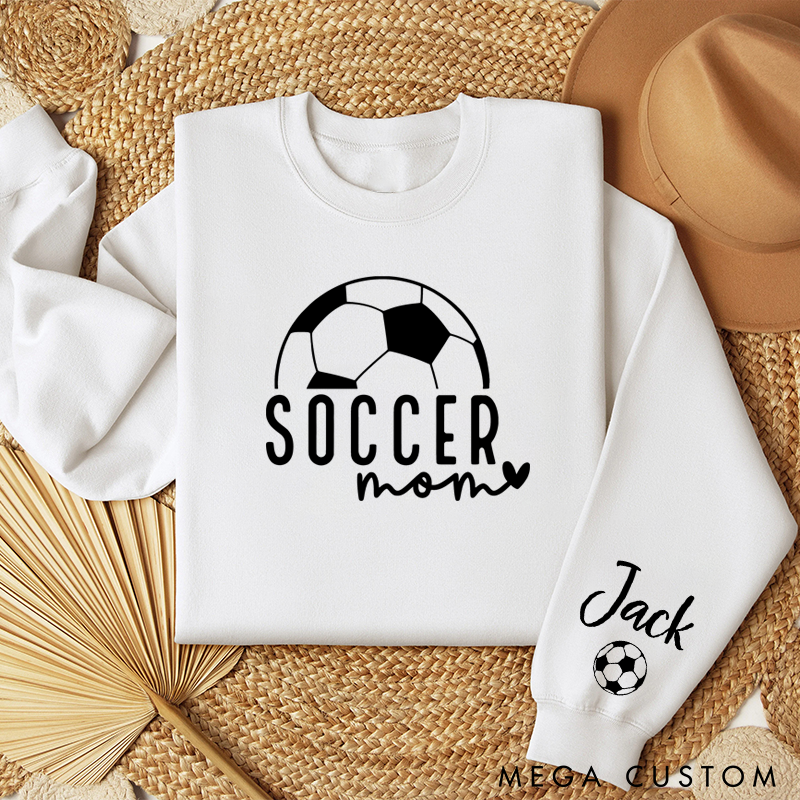Personalized Pink Soccer Mom Sweatshirt with Custom Name and Heart Graphic Design