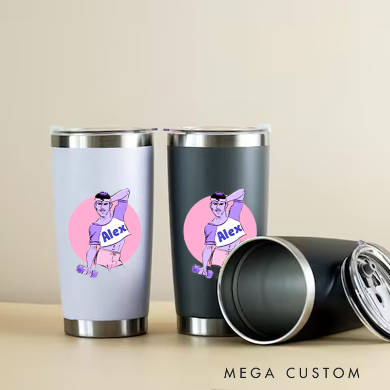 Personalized Fitness Tumbler Coffee Stainless Steel Tumbler with Playful Cartoon Fitness Character Design for Fitness Enthusiasts Bodybuilders and Gym Lovers
