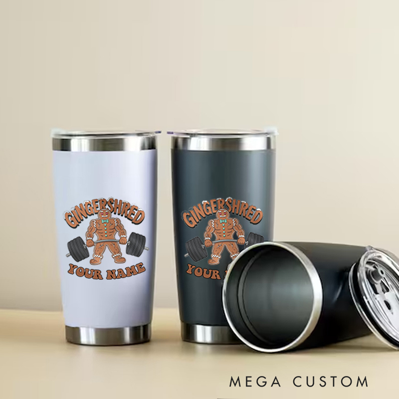 Personalized Fitness Tumbler Coffee Stainless Steel Tumbler with Gingerbread Man Lifting Dumbbells for Fitness Enthusiasts Bodybuilders and Gym Lovers