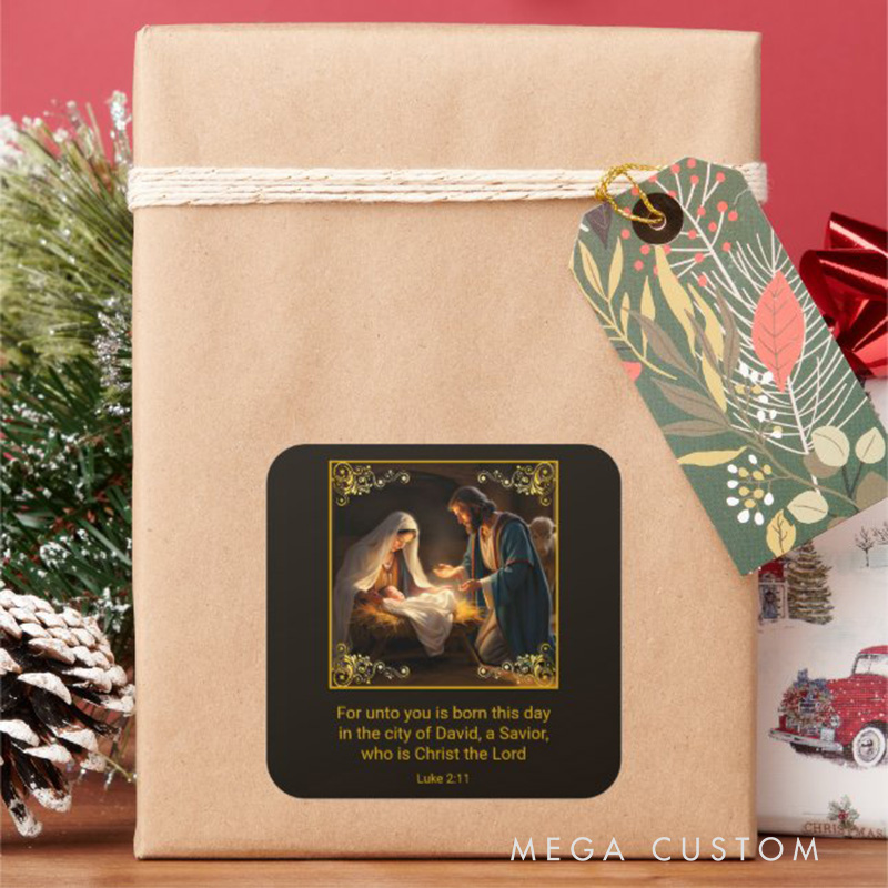 Personalized Christmas Nativity Holy Family Religious Square Sticker with Bible Verse Luke 2:1 Religious Gift Christmas Gift