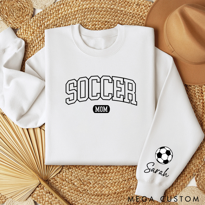 Personalized Pink Soccer Mom Sweatshirt with Custom Name and Soccer Ball Design