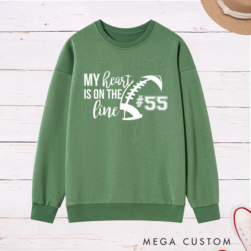 Personalized American Football Sweatshirt for "My Heart is on the Line" with Custom Jersey Number