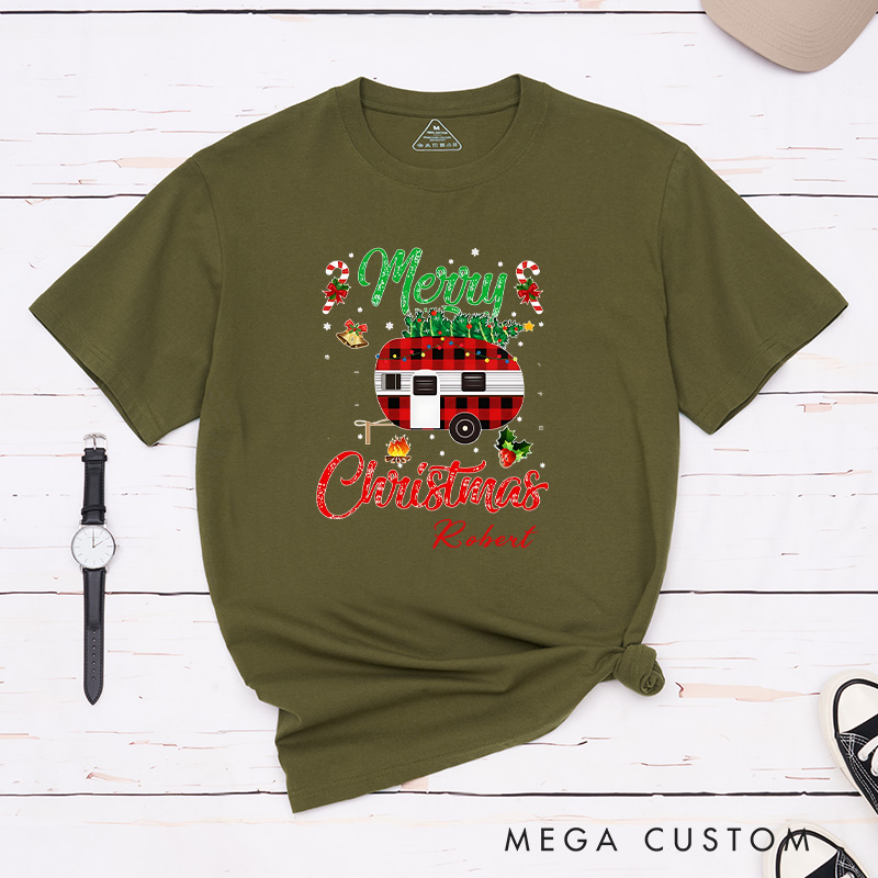 Personalized Plaid Camper Christmas T-Shirt Hiking Adventure Lover Shirt Christmas Gift for Outdoors 