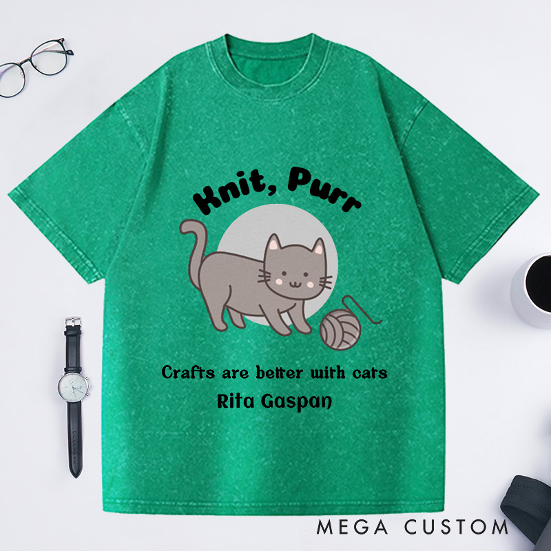 Personalized Funny Knitter Cat Washed T-Shirts Knitting T-Shirt Knitter T Shirt Knit Happens Crafts Kitty Lover Gift