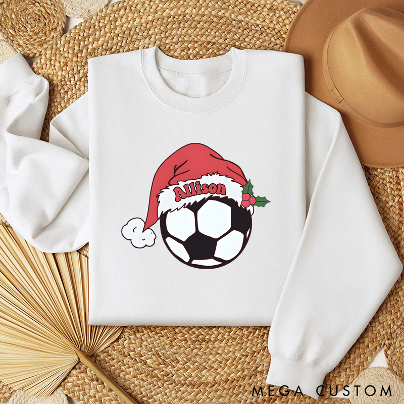 Personalized Christmas Soccer Sweatshirt with Custom Name and Festive Santa Hat Design