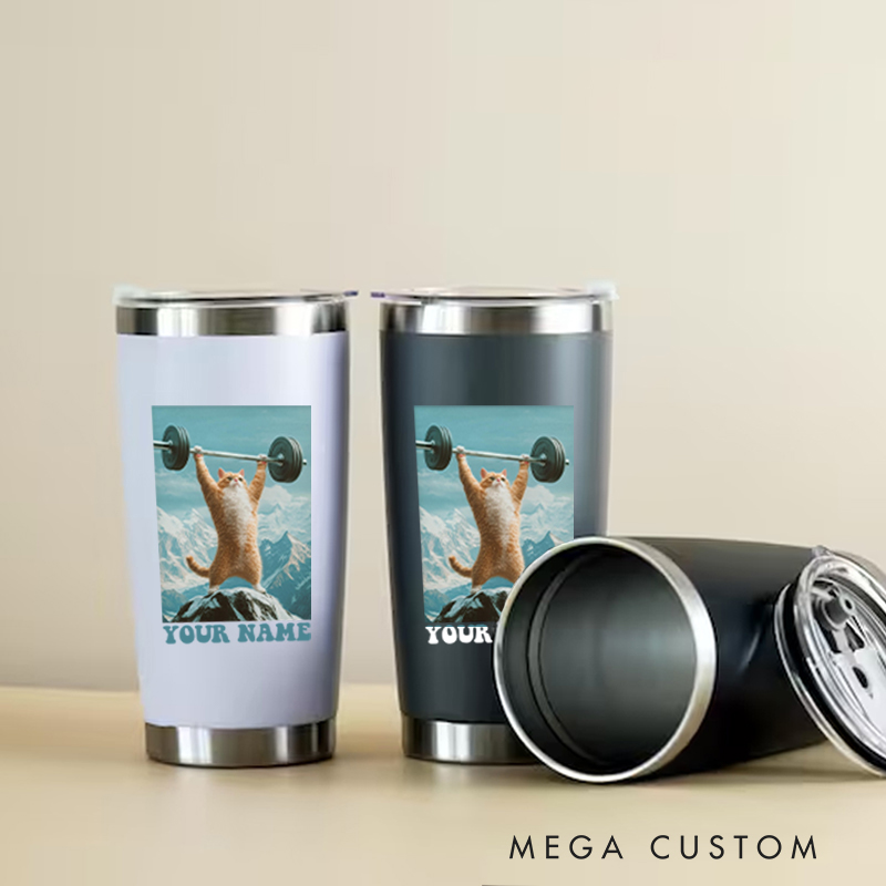 Personalized Fitness Tumbler Coffee Stainless Steel Tumbler with Hilarious Cat Weightlifting on Mountain for Fitness Enthusiasts Bodybuilders and Gym Lovers