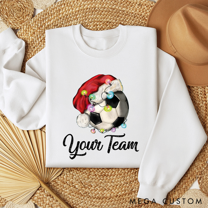 Personalized Christmas Soccer Sweatshirt with Custom Team Name and Festive Santa Hat Design