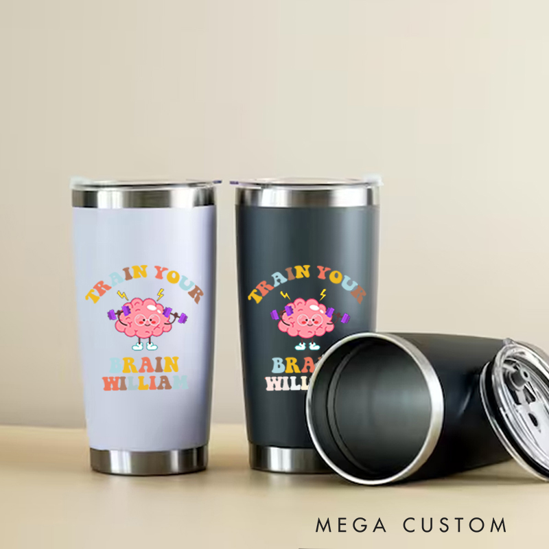 Personalized Fitness Tumbler Coffee Stainless Steel Tumbler with Train Your Brain Dumbbell Lifting Brain for Fitness Enthusiasts Bodybuilders and Gym Lovers