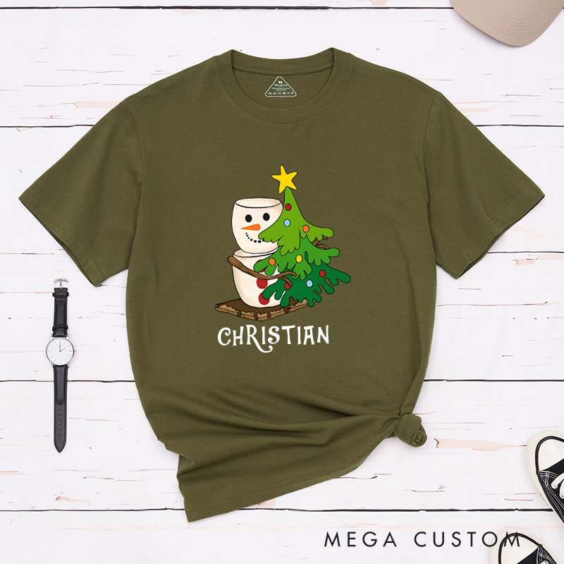 Personalized Marshmallow Snowman Hugging a Christmas Tree T-Shirt Christmas Camping Shirt Gift for Outdoor Hiking Lover