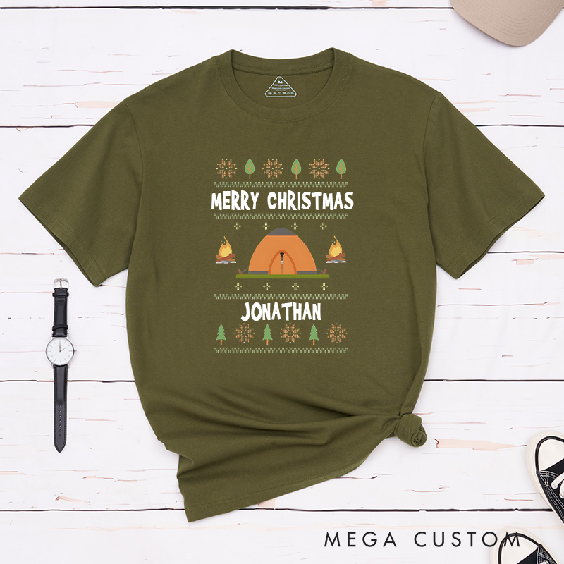 Personalized Camper Christmas T-Shirt Outdoor Adventure Lover Shirt Christmas Gift for Hiking Outdoors