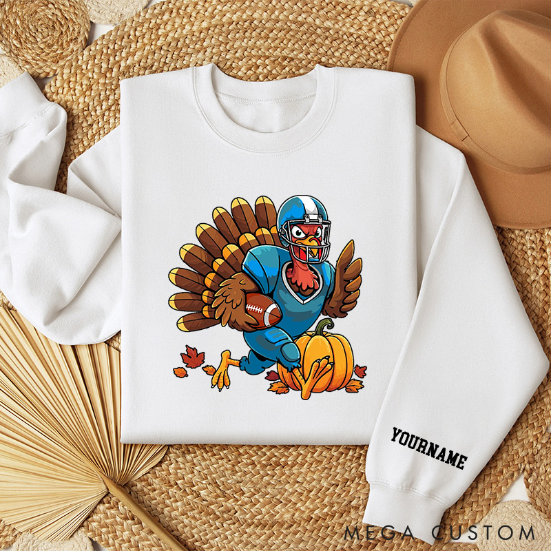 Personalized American Football Turkey Sweatshirt with Custom Name for Thanksgiving Day