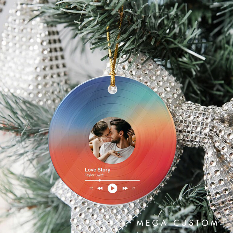 Personalized Vinyl Record Photo Ornament and Acrylic Song Plaque and Couples Christmas Ornament