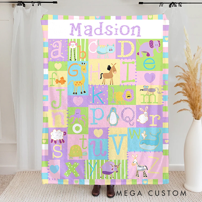 Personalized Cartoon Animal Alphabet Color Block Stitching Soft Throw Blanket with Name Home Decor Birthday 